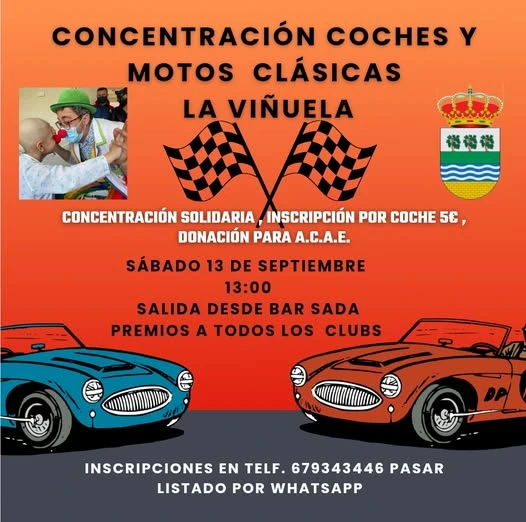 Concentración solidaria de coches y motos clásicas a favor de los payasos hospitalarios de A.C.A.E en La Viñuela