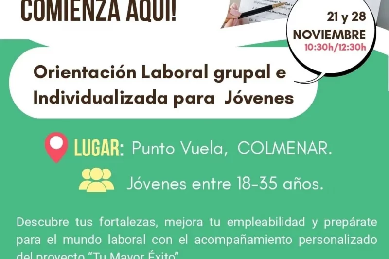 Orientación laboral gratuita para jóvenes en Colmenar los días 21 y 28 de noviembre