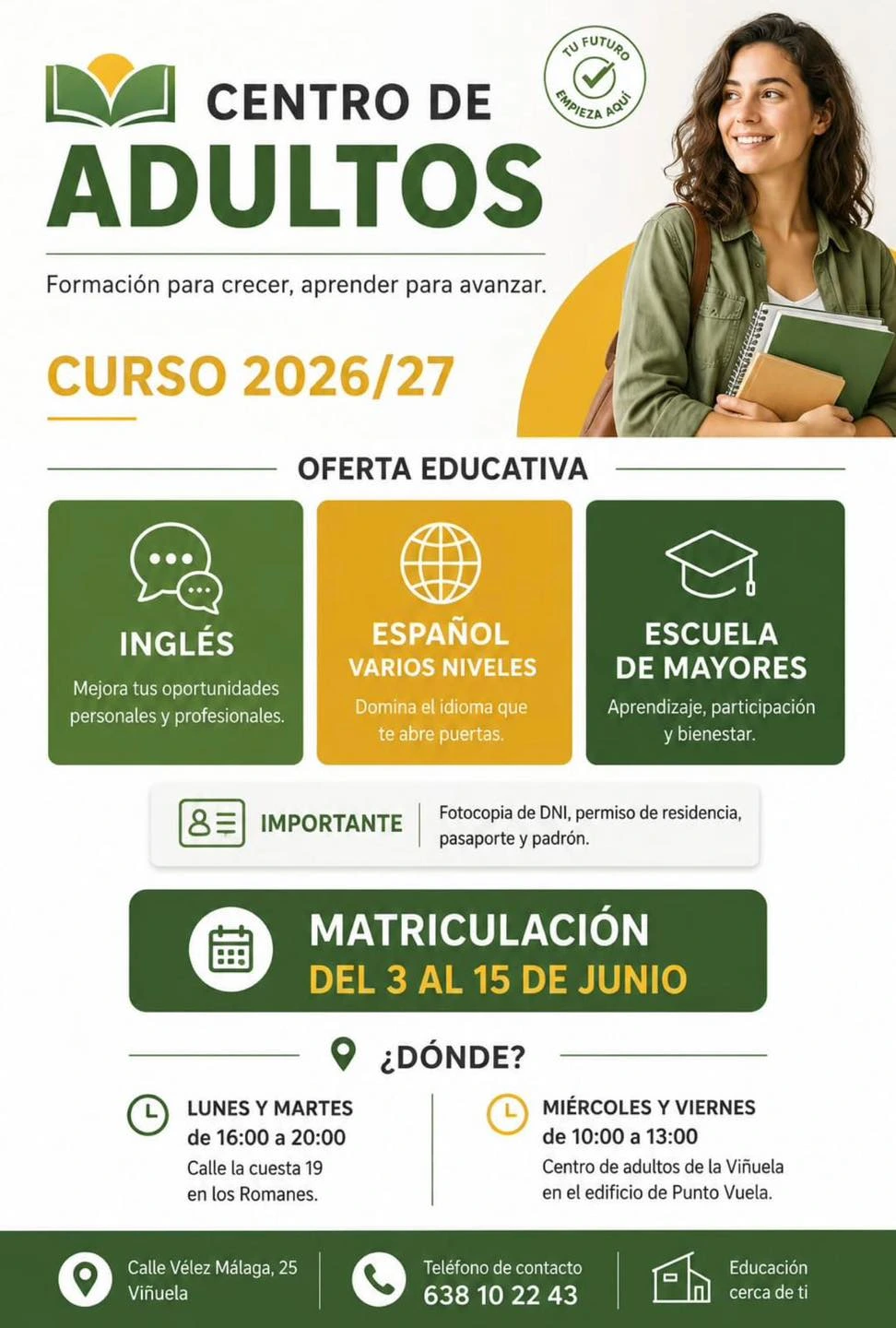 Abierta la inscripción para el curso 202627 del Centro de adultos de La Viñuela
